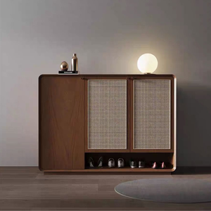 Artisan Mid Century Wood <b>Shoe</b> <b>Cabinet</b> Luxury Rattan Webbing <b>Entryway</b> Sideboard Credenza Storage <b>For</b> Modern Home - Product Image 1