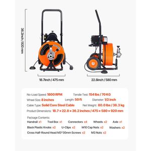 Macchina per la pulizia di scarichi e fognature da 50 FT x 1/2 pollice con alimentazione automatica, 4 frese ad azionamento pneumatico per tubi da 1 a 4 pollici - Product Image 5