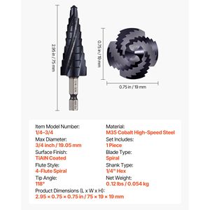 Punta da trapano a gradini multiuso in acciaio HSS al cobalto con rivestimento TiAlN, da 1/4 e 3/4 di pollice, a quattro scanalature a spirale, con codolo esagonale da 1/4 di pollice - Product Image 4