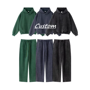 Custom Unisex Breathable Hooded Waterproof Acid Wash 100% Cotton Solid <b>Retro</b> 2 1 Sets <b>Tracksuit</b> Heavyweight Regular Fit Elastic - Product Image 5