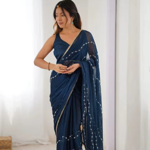 Sari de Chifón KV con Adornos para Uso Diario, Ligero, Elegante, Estilo Étnico para Fiestas, para Mujer, con Blusa sin Coser - Product Image 1