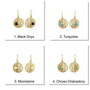 Boucles d'oreilles vintage modernes minimalistes en chrysocolle de forme ronde, pendantes, plaquées or 18 carats, design filigrane en laiton. - Product Image 2