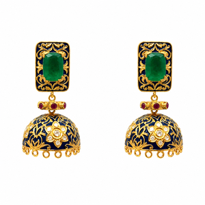 Handcrafted Blue Enamel Jhumka Earrings | Carved Green Stone & Green <b>Emerald</b> Accents | Traditional Heritage Jewelry for Women - Product Image 1