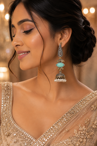 Pendientes de boda bohemios de latón con diseño de última moda, chapados en oro y plata oxidada, con piedra verde Monalisa, estilo indio Jhumka, para mujer, 21.5G |   Al por Mayor - Product Image 2