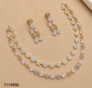Gold Plated Women's <b>Necklace</b> and Earring Set with Pink Crystal and Rhinestone Flower Design for Wedding Romantic Jewelry - Product Image 1