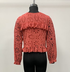 Women's <b>Coral</b> Lace Floral Blouse With Ruffles Full Sleeve Bohemian Style O-Neck <b>Top</b> Spring Summer Wear - Product Image 2