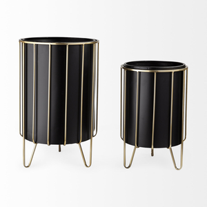 Ensemble de pots de fleurs en métal noir avec bordure dorée et support élégant, pots de fleurs décoratifs modernes pour plantes d'intérieur, salon, bureau - Product Image 1