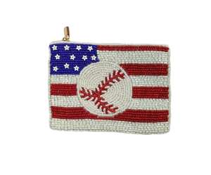 Pochette zippée carrée en coton faite à la main avec perles et drapeau de baseball, mini sac à monnaie brodé pour cadeau sportif ou décoration - Product Image 4