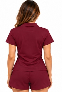 Conjunto de Camiseta Polo y Pantalones Cortos Color Granate para Mujer, Manga Corta, Transpirable, Informal, de 2 Piezas, para Primavera/Verano - Product Image 2