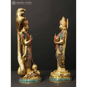Estatua de Latón de Lakshmi Narayan (Vishnu Lakshmi) de 17 Pulgadas de Exotic India con Intrincados Incrustaciones, Elegante Escultura Artística de la India - Product Image 1