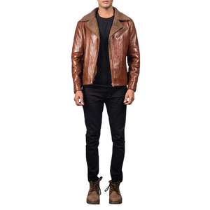 Veste en cuir véritable marron pour homme, doublée de polaire sherpa, style motard, col rabattu, fermeture éclair, coupe-vent, hiver - Product Image 1