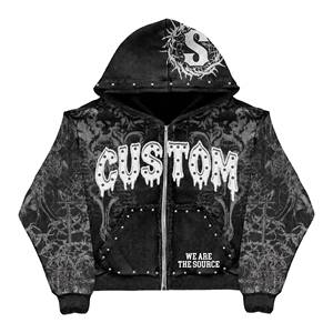 เสื้อฮู้ดดี้ทรงบ็อกซี่ผ้าฝ้ายเฟรนช์เทอร์รี่เนื้อหนา พิมพ์ลาย DTG ทั่วตัว ล้างสีแบบแอซิดวอช ปักลายปะติด ประดับคริสตัล แขนเสื้อแบบแร็กแลน ตัดเย็บทรงครอป - Product Image 1