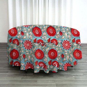 Round Hand Block Printed Pure Cotton Tablecloth Indian Farmhouse Wedding Decorative Linen Handmade <b>Table</b> <b>Cover</b> - Product Image 5