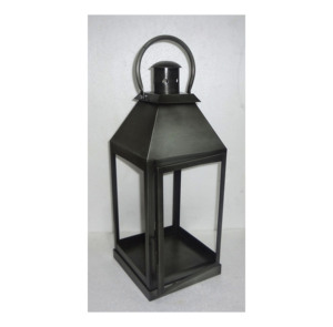 Farol de vela antiguo de metal negro con forma de pirámide, chimenea cilíndrica, asa de arco, panel de vidrio transparente y marco cuadrado de hierro para mesa - Product Image 1