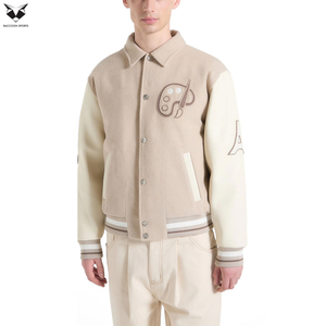 Custom Beige Wool Varsity Jacket Men Custom Embroidery Letterman Jacket Contrast Sleeves <b>Button</b> Up Winter Fashion Streetwear - Product Image 5
