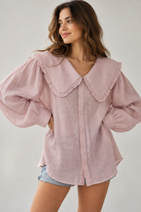 Vintage Romantic <b>Pink</b> Womens Blouse with Large Ruffle Collar <b>Long</b> Puff <b>Sleeves</b> Linen Cotton Office Minimalist Simple OEM - Product Image 3