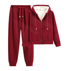 Women's Casual Red Solid Cotton Activewear 2-Piece <b>Set</b> with Sweatshirt & Joggers Loose Fit Eco-Friendly Sportswear All Seasons - Product Image 2