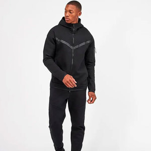 Men's Black Hooded Tracksuit Full <b>Zip</b> Solid Color Sporty Casual Autumn Wear Regular Fit With Side Pockets 100% Polyester - Product Image 1