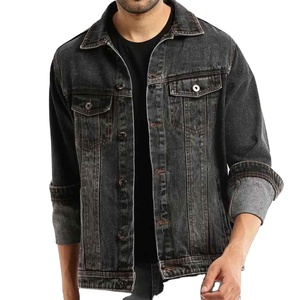 Veste en jean noire pour homme, col rabattu, manches longues, fermeture à cordon, effet vieilli, vintage, imperméable, décontractée, pour l'automne - Product Image 1