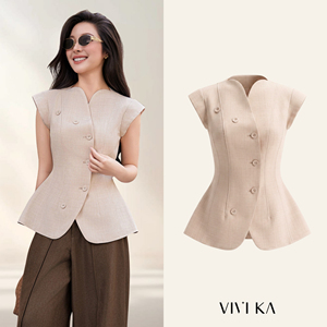 Chaleco Elegante Beige Asimétrico para Mujer, con Mangas Cortas, Estilo Oficina, Moderno, Casual de Negocios, Marca YONA - Product Image 1