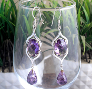 Boucles d'oreilles pendantes en améthyste naturelle double pierre, en argent sterling 925, faites à la main, bijoux de luxe pour femmes - Product Image 5