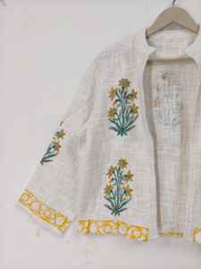 Veste florale imprimée à la main, veste en coton à fleurs jaunes, manteau bohème été-hiver - Product Image 3