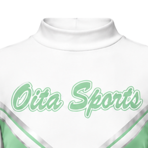 Ensemble uniforme de cheerleading sublimé vert menthe et blanc à manches longues avec jupe plissée pour l'entraînement et la performance sportive d'équipe - Product Image 5