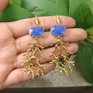 Wholesale Trending Jewelry 18k <b>Gold</b> Plated Brass Hook <b>Earring</b> Gemstone Blue Chalcedony Coral Branch Drop <b>Earring</b> Claw Setting - Product Image 6