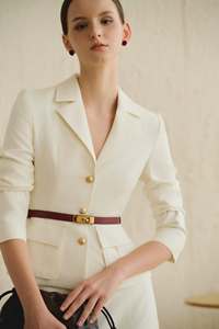 Women's Cream Wool Blend Skirt <b>Suit</b> Set Blazer V Neck 3/4 Sleeve Anti Wrinkle Office Business Wear - Product Image 1