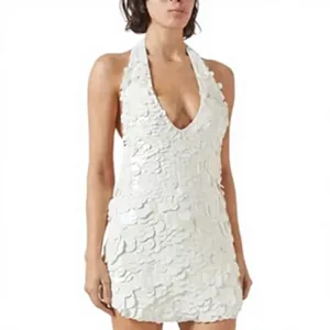 White <b>Halter</b> Neck Mini Beach Wedding <b>Dress</b> Eco-Friendly Spandex/Polyester Slim Fit Sleeveless Front Logo <b>Summer</b> Party - Product Image 2