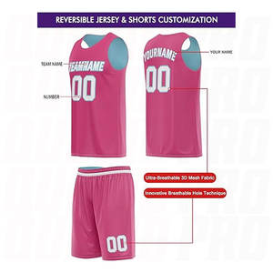 Uniforme de basket-ball en mesh personnalisé par sublimation, respirant, séchage rapide, rose, bleu et blanc, maillot et short de basket-ball réversibles - Product Image 3
