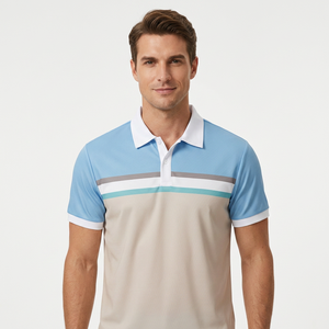 Men's Short Sleeve Color <b>Polo</b> <b>Shirt</b> Knitted Striped Casual Design Regular Fit Light <b>Blue</b> Beige White - Product Image 6