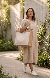 Sacs fourre-tout en toile écologiques Juco avec fermeture à bouton, poignée en sangle de coton, vente en gros, logo personnalisé imprimé, sacs de courses réutilisables - Product Image 3