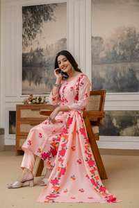 Conjunto de Top, Pantalón y Dupatta de Algodón Estampado para Mujer, Corte Regular, Completamente Cosido, Traje Étnico de Algodón Puro, Vestido Tradicional - Product Image 4