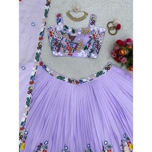 DISEÑADOR TABBY HILO DE BORDADO DE SEDA TRABAJO LEHENGA CHOLI CON DUPATTA LAVANDA Lungi - Product Image 3