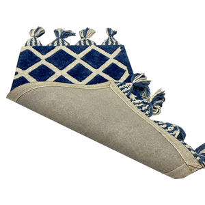 Tapis de prière en laine tuftée bleu crème géométrique moderne - Janamaz bohème contemporain avec pompons - Product Image 4