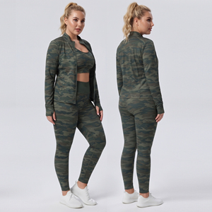 Camo Printed Compression Legging Three Piece Set Sport Bra Training Jacket Three Pcs Set <b>Women</b> Plus Size Gym Wear Three Pcs Set - Product Image 1