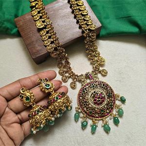 Women's Fashion Jewelry Set Green Beads Gold Lookalike Round Lakshmi Neckset Alloy with Gold Plating Casual - Product Image 3