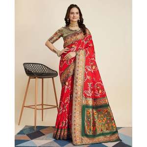 DISEÑADOR KANJIVARAM SILK JACQUARD WORK SAREE CON BLUSA SIN COSTURA ROJA - Product Image 1