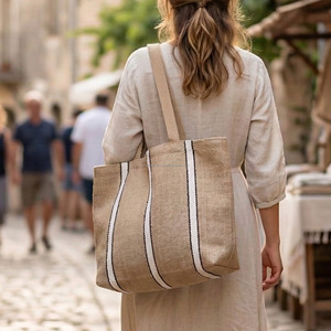 Nueva Colección de Bolsos de Mano Tejidos a Mano con Rayas, Bolsos Tote Grandes Personalizados y Duraderos en Color Beige, Bolsa para Ropa - Product Image 1