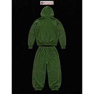 Ensemble de survêtement vert en velours pour femme, sweat à capuche zippé et pantalon large, deux pièces, avec strass, en velours de luxe, style streetwear décontracté, coupe jogging - Product Image 6