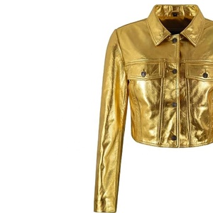 Chaqueta Trucker de Cuero Metálico Real para Mujer, Estilo Universitario, Brillante Dorado, Corta, Estilo Vaquero, con Botones Frontales, OEM - Product Image 4