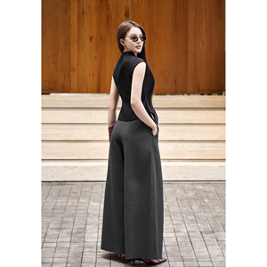 Pantalon plissé gris élégant taille haute à jambes larges pour femme, idéal pour le bureau ou les occasions décontractées, en polyester et élasthanne, modèle NERINA (ODM) - Product Image 2