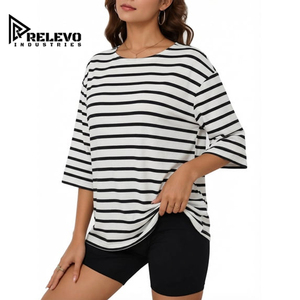T-shirt rayé à col rond et manches courtes pour femme, style oversize, vente en gros, haut décontracté de haute qualité, coupe classique, motif noir et blanc - Product Image 1