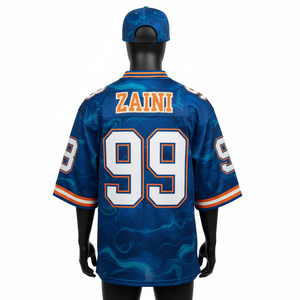 T-shirt 100% coton pour homme, coupe ample, imprimé, maillot de football pour homme, polyester, maille, panneaux bleus et oranges, logo brodé personnalisé - Product Image 2