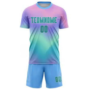 ชุดยูนิฟอร์มฟุตบอลทีมแบบกำหนดเอง พิมพ์ลายโลโก้ด้วยความร้อน คอวี แขนสั้น ระบายอากาศได้ดี - Product Image 1