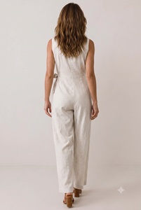 Combinaison sans manches en coton 100 % respirant, tissé uni, taille haute avec ceinture, tenue décontractée d'été pour femme - Product Image 3