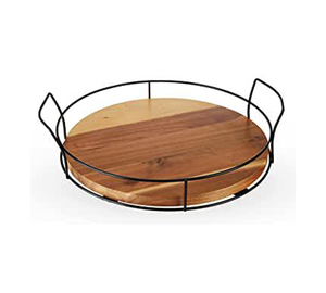 Contemporary Wooden And Iron Serving Tray With Carved Surface Detailing And Modern Display <b>Aesthetic</b> - Product Image 2