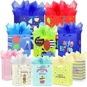 Confezione da 10 Sacchetti Regalo per Compleanno con Manico a Nastro e Carta Velina in Varie Dimensioni e Design per Confezionamento Regali, 3 Misure Disponibili - Product Image 1