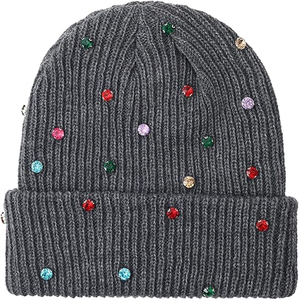 OEM Black Rhinestone Knit Beanie Hat Women <b>Men</b> Winter Cuffed <b>Cap</b> Ribbed Soft Warm Streetwear Custom Logo Hat - Product Image 1